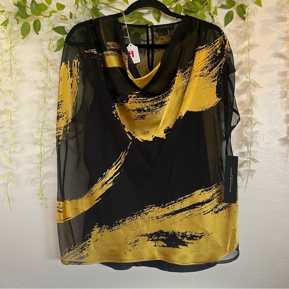 Donna Karan Black and Gold Brushstroke Blouse